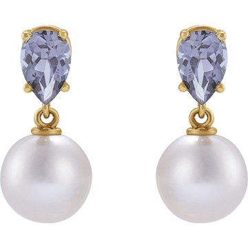 GC Tanzanite Pearl Earrings – 14K Yellow Gold Akoya Drop