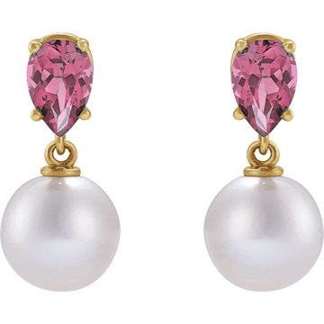 GC Pink Tourmaline Pearl Earrings – 14K Yellow Gold Akoya Drop