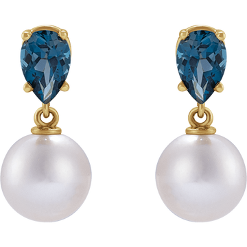 GC London Pearl & Blue Topaz Earrings – 14K Yellow Gold Akoya Pearl
